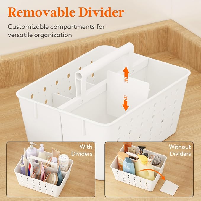 Lifewit Portable Shower Caddy, Plastic Basket Organizer, White, 3 Pack | Adjustable Dividers, Drain Design, College Dorm Room Essentials with Handle, for Bathroom