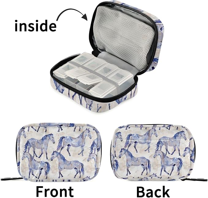 Fustylead Watercolor Hand Draw Beautiful Horses Pill Organizer for Purse, Weekly Portable Pill Box with Zipper to Storage Vitamins Fish Oils Medications Supplements