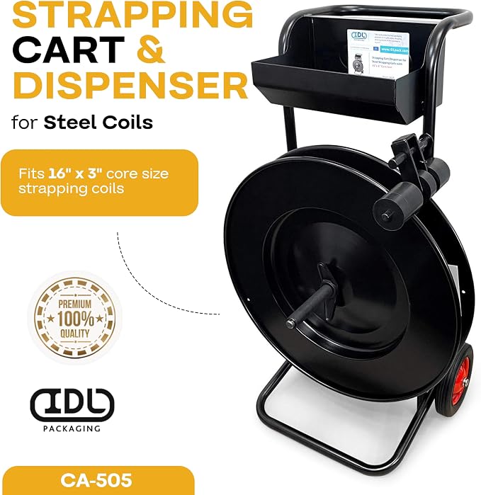 IDL Packaging Strapping Cart & Dispenser for Steel Strapping, 16" x 3" Core | CA-505 for Steel Coils - Advanced Roller Brake System - Built-in Tray for Tools, Seals, and Gloves