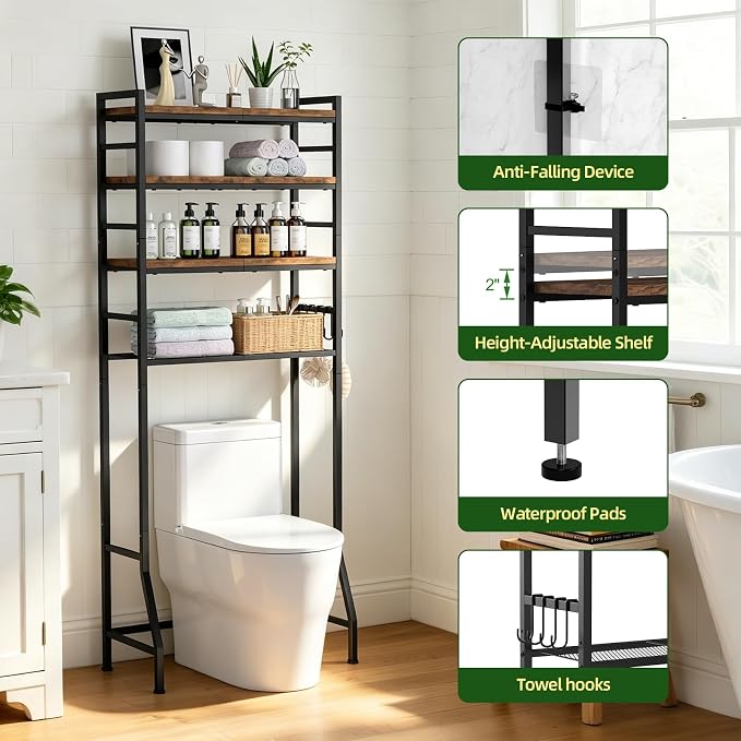 Over The Toilet Storage Rack,4-Tier Over Toilet Bathroom Organizer with Adjustable Wooden Shelves,Freestanding Space Saver Bathroom Cabinet Shelves Over Toilet,Over Toilet Storage, Vintage Brown