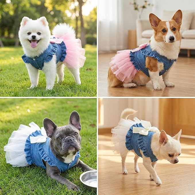 Dog Cat Denim Tutu Dress, Princess Puppy Kitten Outfit with Pearl Bow & Stand-Up Collar, Sleeveless Pet Clothes for Wedding Birthday Party, Easy Front Snap Closure for Chihuahua(White-Denim, Small)