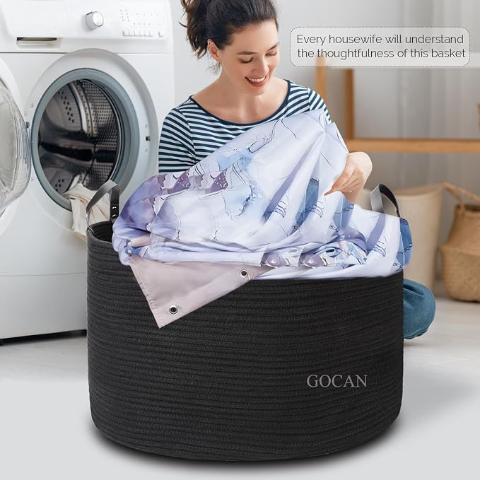 Cotton Rope Woven Laundry Basket 22"X 22"X 14" with handles (Pure Blk) XXXL | Hand-woven, ideal for storing blankets and cushions in the living room, and clothes for household storage.