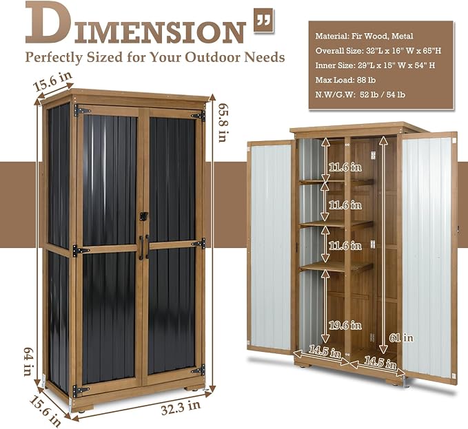 Outdoor Storage Cabinet with Shelves, Weatherproof Stylish Shed for Patio | Adjustable Shelf for Flexible Storage, Lockable Doors for Security, Raised Base, Wood & Metal, Fits Backyard, Garage & Garden
