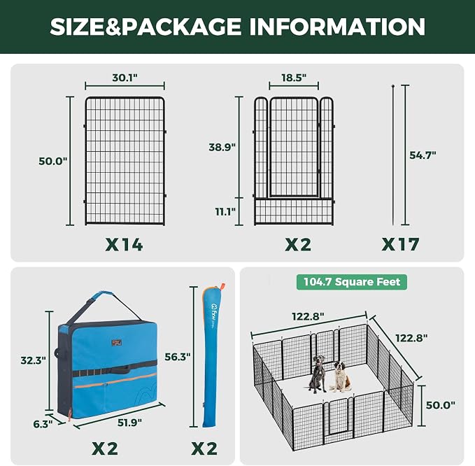 FXW Rollick Dog Playpen with Storage Bags, 50"H, 16 Panels | Heavy-Duty & Easy setup Play Area, 2 Bags for Easy Carry & Storage, for Ultra Large Dogs, Patented