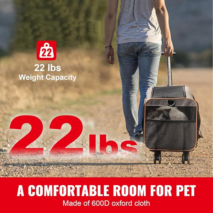 Happybuy Cat Carrier with Wheels, Airline Approved Rolling Pet Carrier with Telescopic Handle and Shoulder Strap, Holds Pets up to 22 lbs, Includes Folding Bowl, Grey