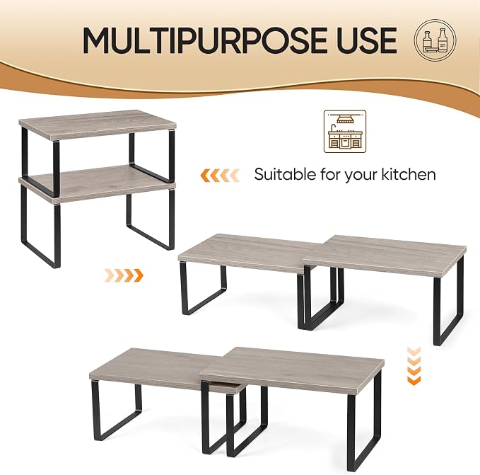 NEX Kitchen Cabinet and Counter Shelf Organizer, Shelf Riser for Pantry Countertop Cupboard Desk Top, Stackable & Expandable, Set of 4, Black and Greige | Stackable & Expandable Spice Rack, Space-Saving Pantry Organizers Bathroom Countertop Storage, Bl...