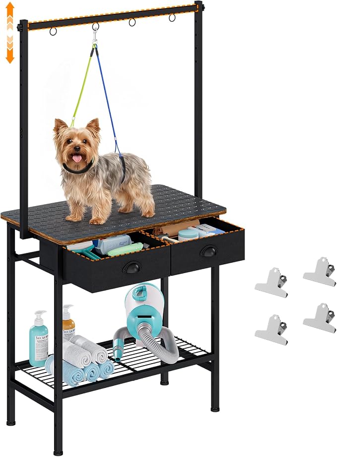 Cutogxon Dog Grooming Table for Small Dogs at Home | Adjustable Height Pet Grooming Table with Double Drawers,Mesh Tray,Non-slip Removable Washable Mat and EVA Protective Lanyard