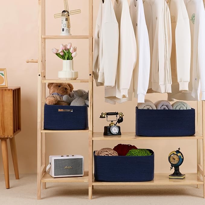 MiniArk Large Storage Baskets for Organizing, 17 x 13 x 7.5” Closet Shelf Baskets for Clothes Blanket Towels, Baby Nursery, Toy Bins Box, Woven Rope Baskets, 4 Packs Navy Blue