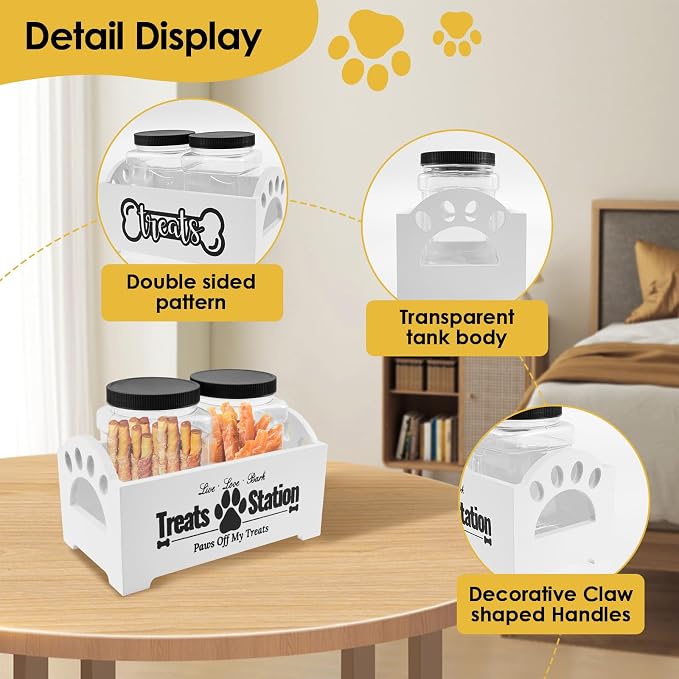 Dog Treat Container With 2 Plastic Jars, Farmhouse Pet Food Storage Organizer for Dogs and Cats (White)