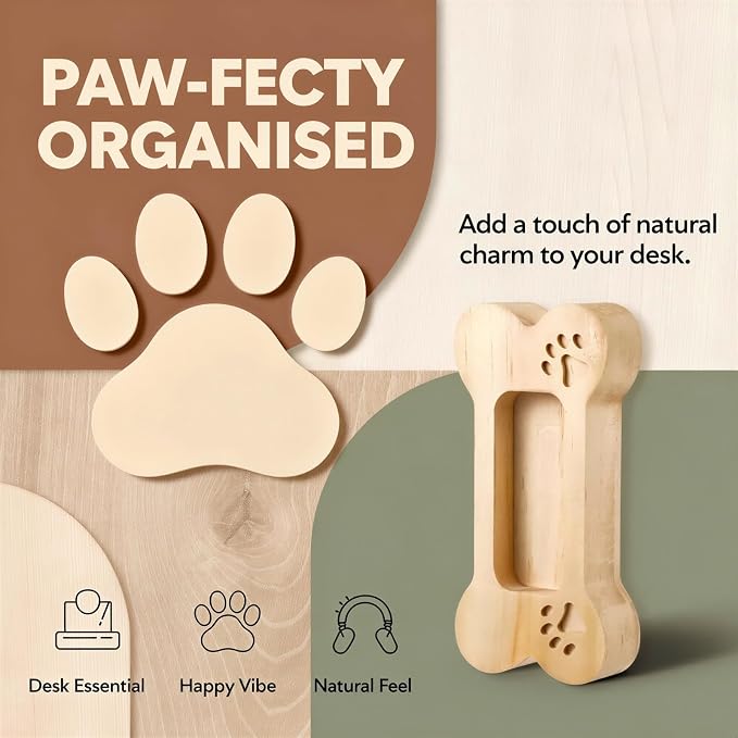 2 Pcs Wood Dog Bone Business Card Holder for Desk, Solid Wood Desktop Display Slot with Pet Paw Print Carving, Cute Creative Office Name Card Organizer, Easy Card Access for Home or Work