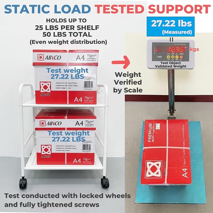 2-Tier Metal Rolling Cart, Compact Under Desk Storage Organizer | 12.2" clearance fits binders and tall bottles, compact mobile shelf with anti-drop guard for home & office. White.