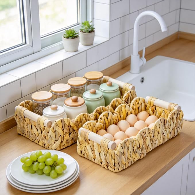 Decorative Toilet Paper Storage Basket, Modern Farmhouse Home Decor Scalloped Basket for Organizing, Pantry Baskets for Shelves, Countertop, Living Room, Wood Handles, Natural Water Hyacinth (2pack）