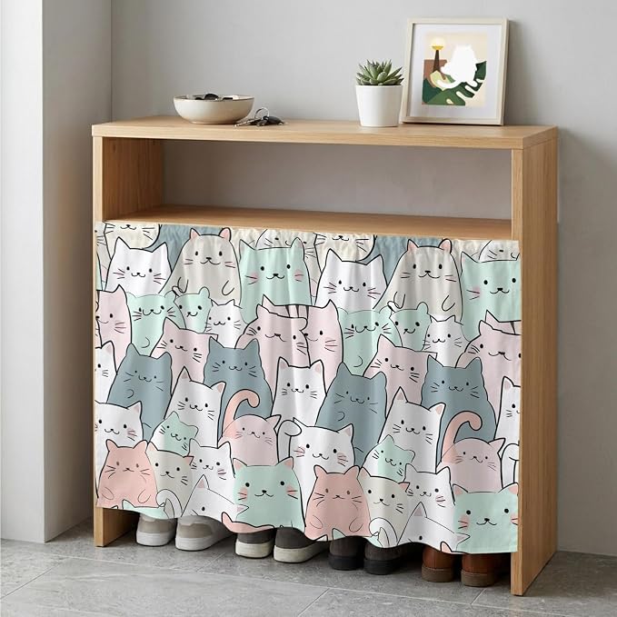 BEMIGO Cartoon Cat Cabinet Curtain 35" Wx35 L, Dustproof Under Sink Skirt with Self Adhesive Tape, Funny Cute Colorful Animal Pet Cabinet Curtain Cover for Kitchen Sink, Bathroom Vanity, Laundry Room