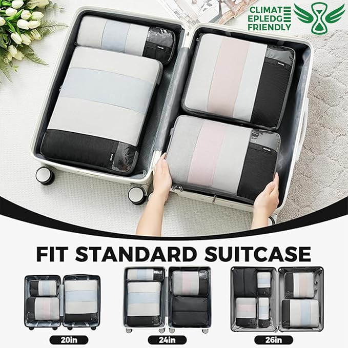 BAGAIL Lightweight Compression Packing Cubes for Travel, 6 Set, Black | Salis Nylon Fabric,Anti-Tearing,Save Space,SBS Zippers,Packing List,PVC Tag Pocket,Custom Labels,Visible Mesh,Portable Handel