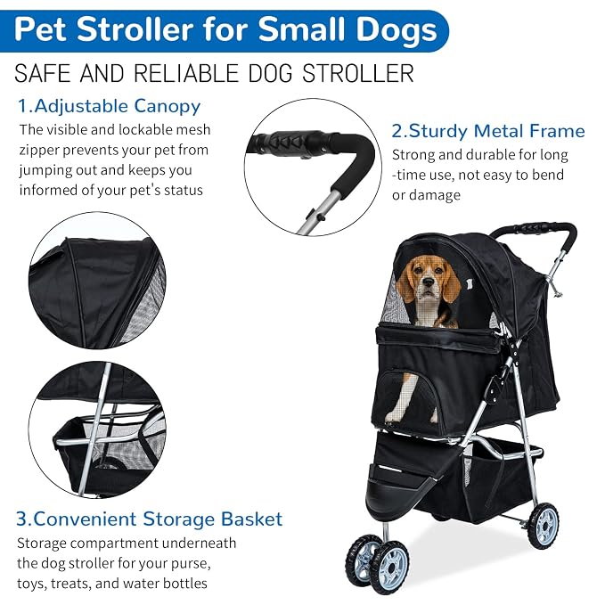 BLKMTY 3 Wheels Dog Stroller, Foldable Stroller for Cat, Dogs Waterproof Travel Carrier Strolling Cart for Puppy Small Dog Jogger Strollers W/Cup Holder & Storage Basket, Black