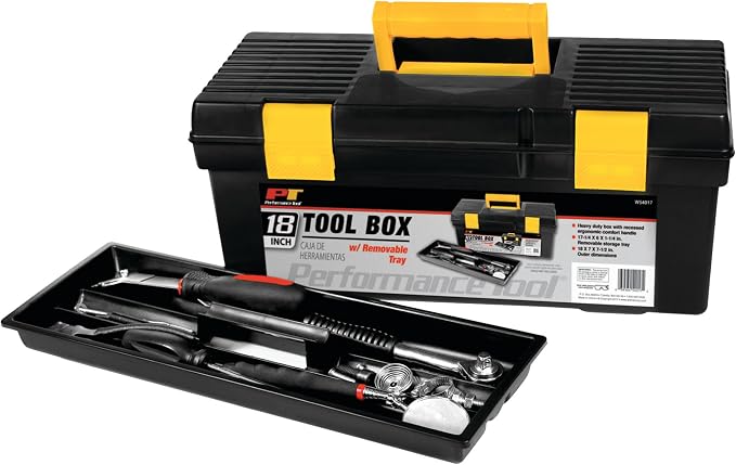 Performance Tool W54017 18-Inch Plastic Box with Handle, Tool Organizer Storage Box, Removable Inner Tray, Lightwieght & Easy to Carry | Heavy duty utility box. Recessed ergonomic comfort handle. Outer dimensions 18 x 7 x 7-1/2 inches