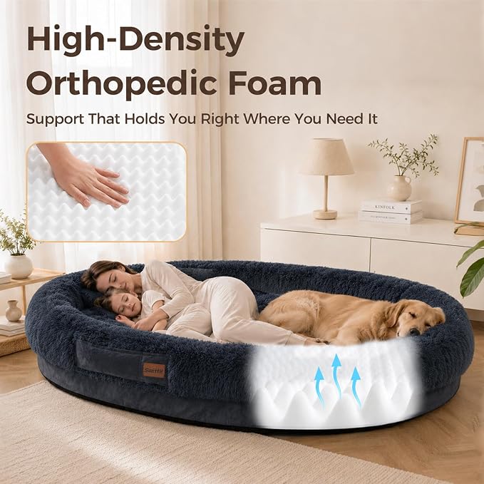 Human Dog Bed for Adult, 71"x48" Large Pet Dog Bed, Dark Grey | Adult Dog Bed for Humans with Pillow & Blanket, Fluffle Cloud Dog Bed with Orthopedic Foam Bolster, Durable Zipper, Portable