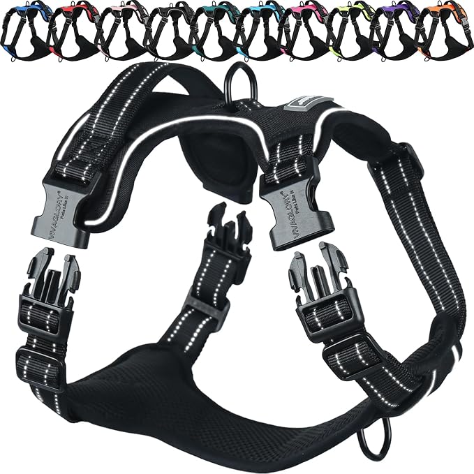 VIVAGLORY No Pull Dog Harness Vest Harness, L, Black - Plain | with Handle Front and Back Clip for Training & Pulling, No Pull & Escape Proof Padded Adjustable for Pet Puppy