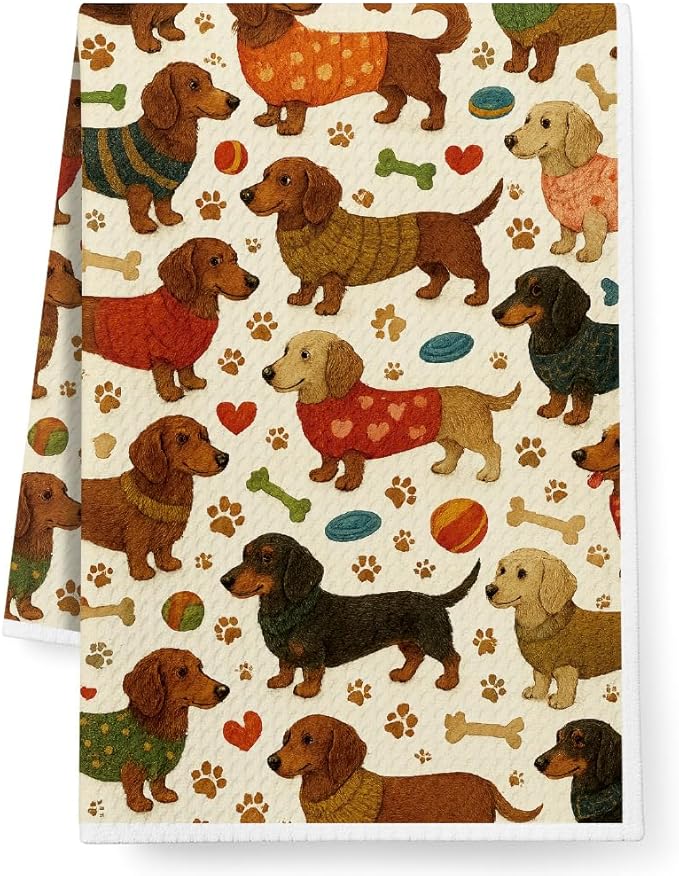 Wiener Dog Tea Towels Baking Cooking Drying Cloth for Kitchen,Cute Dachshund Kitchen Towels Decor,Dachshund Dog Mom Birthday Gifts for Women,Funny Hand Towel for Bathroom