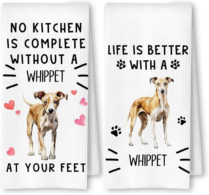 Whippet Gifts Kitchen Towels, Whippet Dog Dish Tea Towels for Kitchen Decor, Dog Lover Mom Dad Gifts Decorative Hand Towel, 16x24 Inches Set of 2