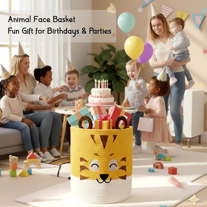 Storage Basket | 25L Woven Cotton Rope Bin with Tiger Design, Cutout Handles | Foldable & Decorative Home Storage Organizer for Laundry, Clothes & Household Items | Multi-Purpose Storage (Tiger)