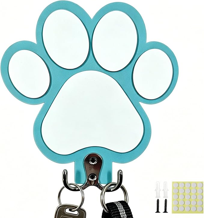 Rustic Wooden Dog Leash Holder Wall Decoration, Cute 3D Puppy Paw Wall Mount Hanger Organizer Hooks for Home Decor, Farmhouse, Coat Rack, Keys, Harness, Collars, Entryway, Pet Lover Gift（Teal Blue）