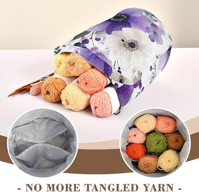 Tatenale Crochet Bag Yarn Bag Knitting Project Bag with Pockets and Handle Portable Yarn Storage Organizer Tangle Free 8.3x11 InchBlue and White Silver Lotus Flowers and Berries20