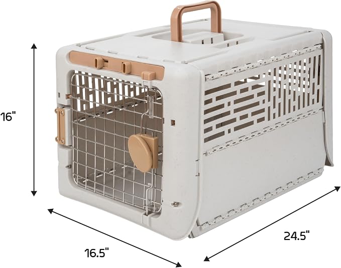 SportPet Designs Collapsible Small Pet Travel Carrier (Tan), Hard-Sided Kennel for Small Dogs, Puppies, Cats, Kittens, Animals up to 25lbs, Washable Home & Outdoor Pet Crate, 24.5"L x 16.5"W x 16"H
