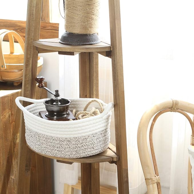 Sea Team 2-Pack Compact Woven Cotton Rope Storage Baskets, Mottled Brown | Knitted Decorative Organizer Bins with Handles, Portable Oval Containers for Small Items, Keys, Makeup, Jewelry, Trinkets