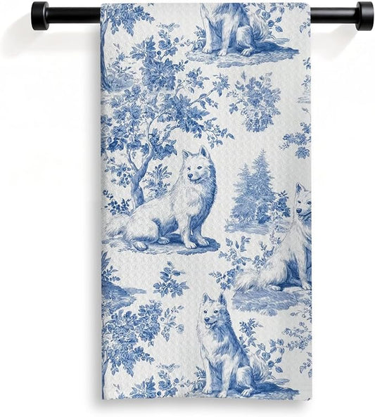 Samoyed Kitchen Dish Towels,Blue and White Floral Dog Towel Dish Tea Towels, Chinoiserie Decor for Kitchen Bathroom,Samoyed Gifts for Dog Lover Mom Dad,16x24 Inch