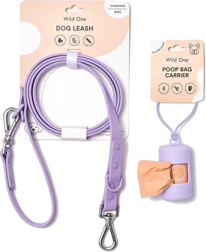 Wild One Nylon Adjustable Length Leash 5.5 Feet and Poop Bag Carrier Set, Waterproof, Odor Resistant, Lilac
