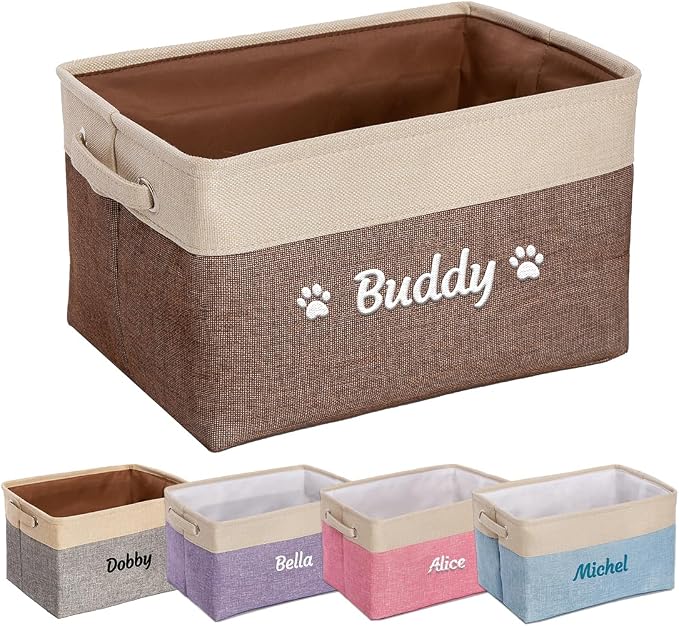 Ulico Custom Dog Toy Storage Basket, Collapsible Pet Organizer Box with Handles, Personalized Dog Toy Bin, Brown