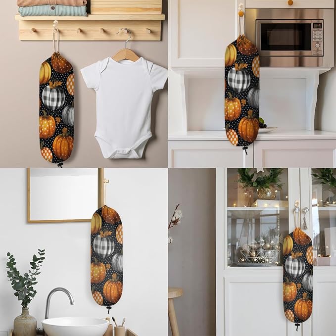 Autumn Pumpkin Plastic Bag Holder Polka Dots Grocery Bag Storage Dispenser Washable Hanging Shopping Bags Carrier Reusable Wall Mount Trash Bag Organizer for Kitchen Pantry