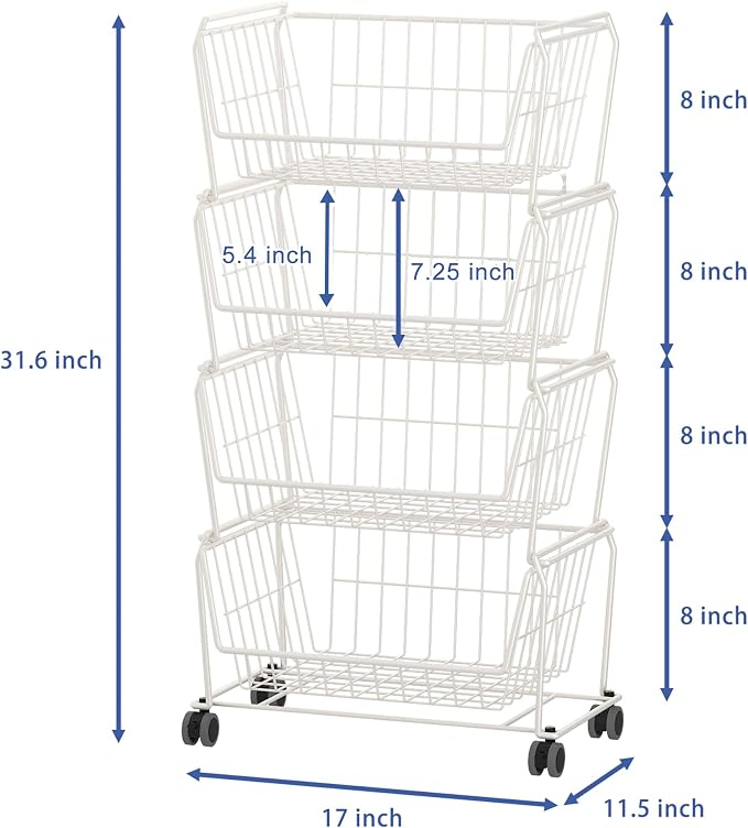 PUSDON 4-Tier Spacious Stackable Wire Storage Baskets with Wheels, Metal Rolling Utility Cart, Produce Basket for Pantry, Bathroom Organizer Shelf, Classic White