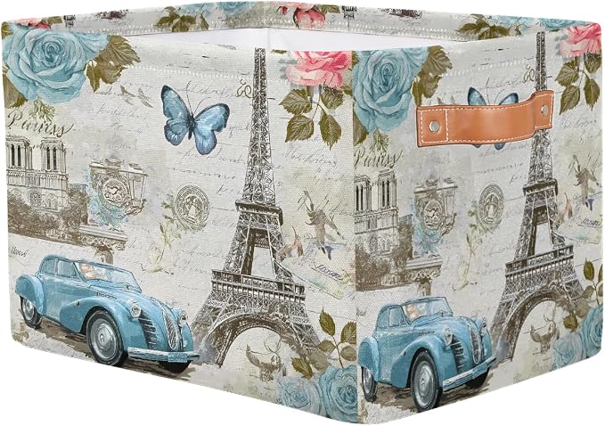 AUUXVA Storage Basket Vintage Paris Eiffel Tower Rose Flower Old Car Storage Cube Box Durable Canvas Collapsible Toy Basket Organizer Bin with Handles for Shelf Closet Bedroom Home Office