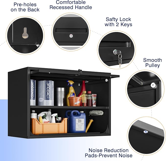 Metal Garage Wall Cabinet with Doors and Shelves, Wall Mounted Metal Storage Cabinet, Floating Garage Tool Cabinet for Garage, Basement, Kitchen, Warehouse (Black, 21.6" H)