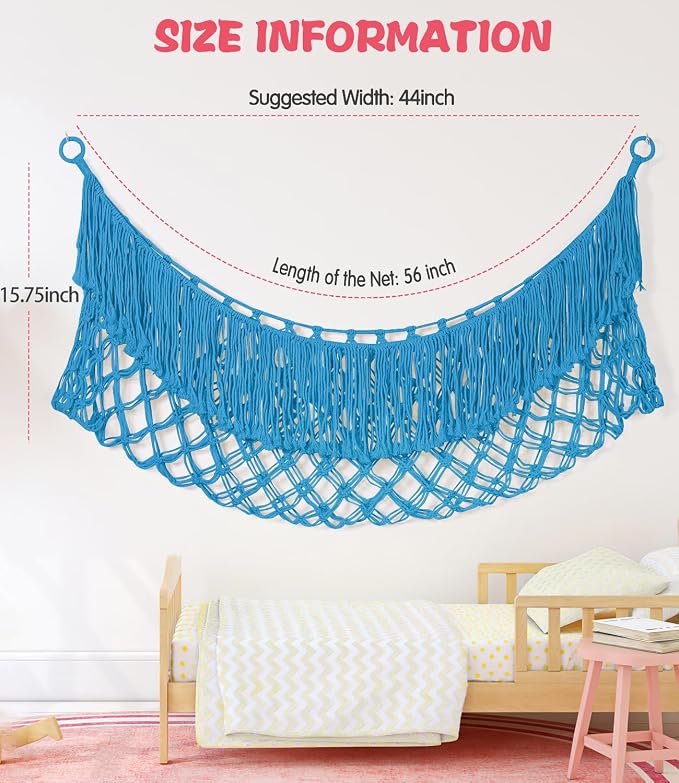 Stuffed Animal Hammock - Extra Large 56'' Long (Peacock blue) | Premium Cotton Hand-knitted, Beautiful Long Tassel, Storage Hanging Organizer, Can Fit Stuffed Animals 30 Piece or More