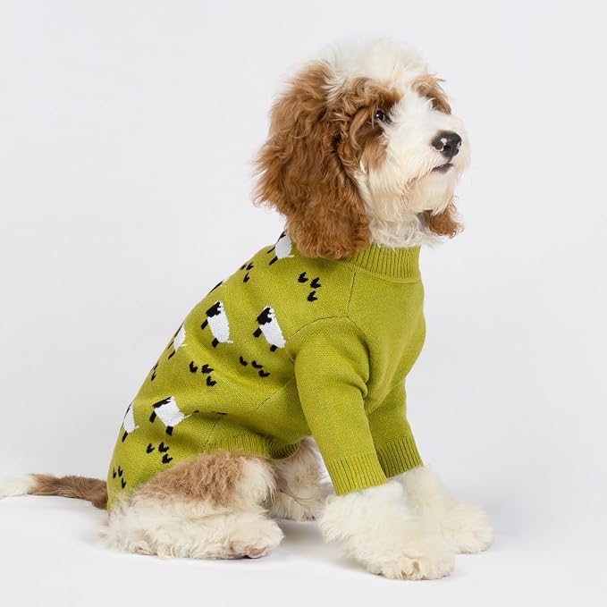 Fitwarm Funny Sheep Dog Sweater, Thermal Winter Clothes for Small Dogs - Boy & Girl - Holiday Clothes - Pullover Jumper - Pet Outfit - Black, Green, White - Medium