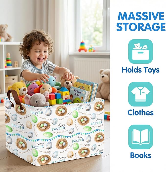 Large Cute Easter Basket for Kid Empty Gift Baby Rectangle Storage Bin Bunny Eggs Boy＆Girl Room Décor (Bird Nest)