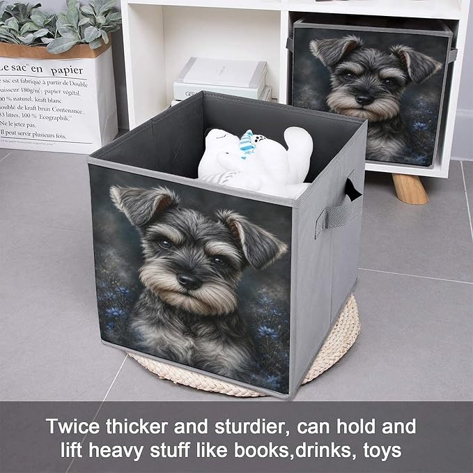 Schnauzer Dog Portrait With Blue Flowers Storage Bin with Handles, Oxford Fabric Foldable Storage Cube Organizer for Clothes, Towels, Bedroom, Living Room, Home Organization