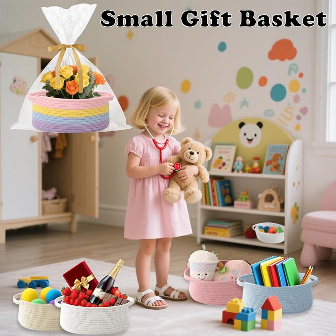 Woven Rope Basket,Baby Gift Basket with Bag & Ribbon, Rainbow | Cotton rope with handle, 12x8x5 in, gift bag and ribbon, for baby shower, birthday, toy storage, nursery, shelf decor