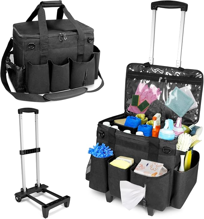 Large Cleaning Caddy Bag with Wheels,Cleaning Bags with Detachable Trolley,Cleaning Supplies Bag Built-in Hard Support Board,Waterproof,Multiple Storage Pockets for Housekeepers