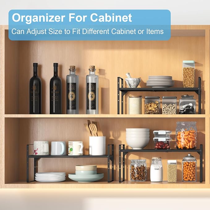 15.5 to 25.5 Inch Kitchen Cabinet Shelf Organizers，Kitchen Shelf Organizer | Adjustable Counter Organizer, Set of 4 Expandable Countertop Storage Shelves, Stackable Design, 30LBS Heavy Duty, Space Saver