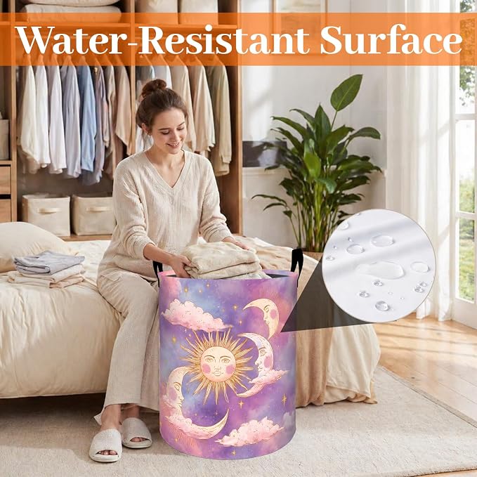 Sun and Moon Laundry Basket, Cloud Star Sky Purple Pink Oxford Cloth Dirty Clothes Collapsible Hamper for Room Decor, Celestial Gifts, Toy Organizer 19.7 x 15.7 Inches for Bedroom Bathroom Dorm