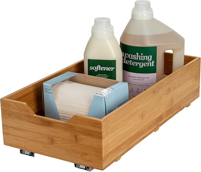 Household Essentials Glidez Bamboo and Steel Pull-Out/Slide-Out Storage Organizer for Under Cabinet Use - 1-Tier Design - Fits Standard Size Cabinet or Shelf, Natural