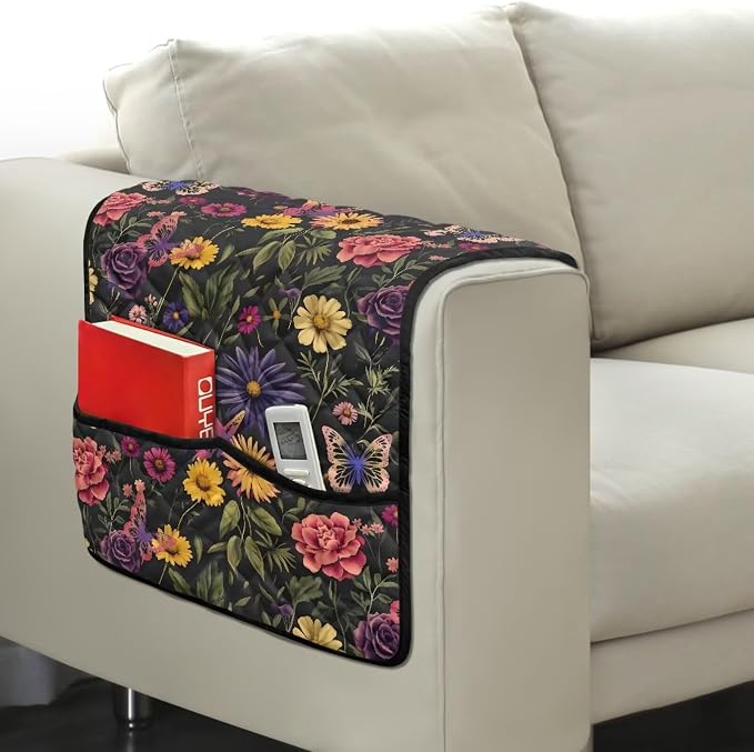 Sofa Arm Rest Cover Armrest Covers for Living Room Loveseat Couch Recliner Armchair Slipcover Sofa Arm Protector for Pets with Organizer Pockets Floral Pattern