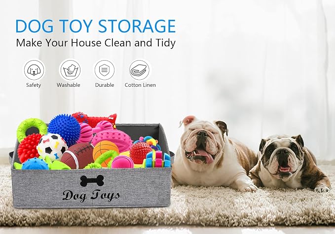 Morezi Linen-cotton blend dog toy basket and dog toy box, dog toy basket storage - Perfect for organizing pet toys, blankets, leashes, chew toys - Snow Grey - Dog