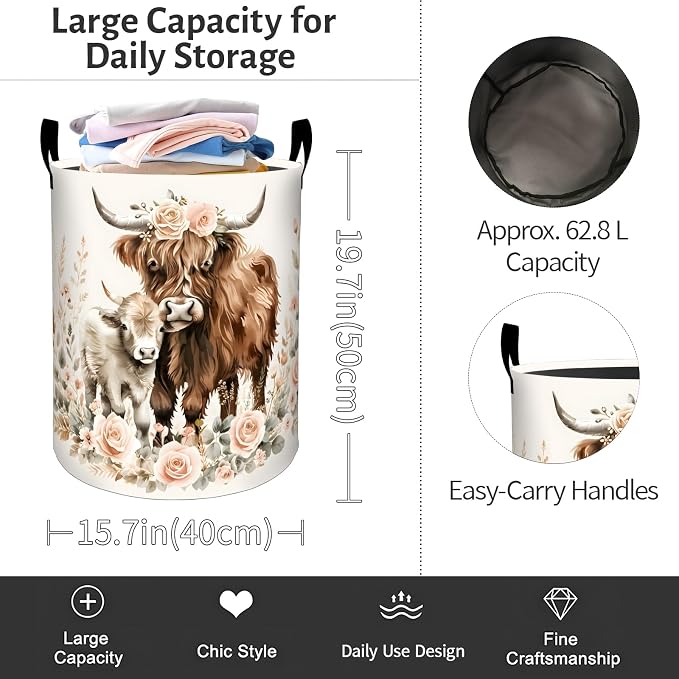 Highland Cow Laundry Basket, Floral Farm Animal Foldable Oxford Cloth, Waterproof Dirty Clothes Hamper with Handles, Clothing Storage Bin Toy Organizer for Bedroom Dorm Bathroom, 19.7"x15.7"