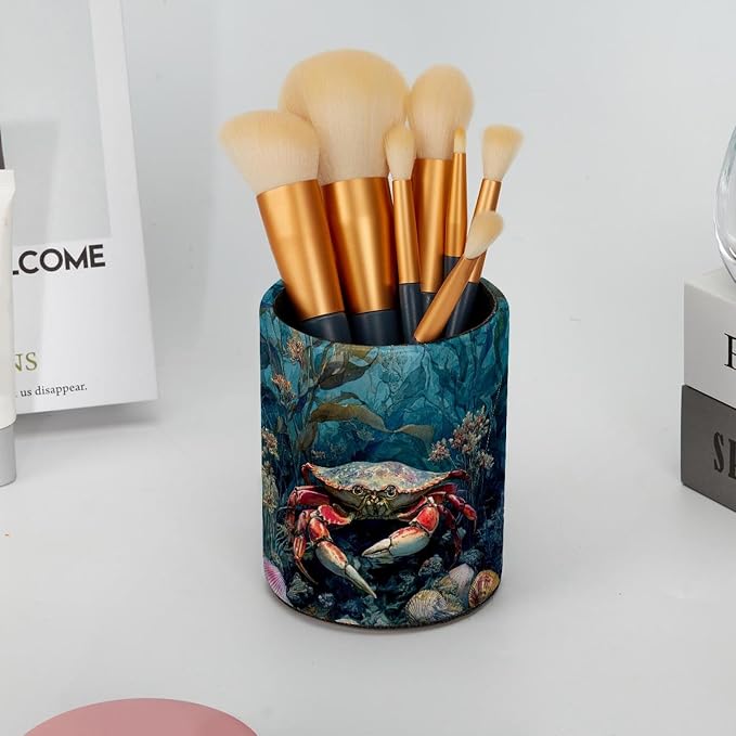 Faux Leather Pen Holder for Desk, Pencil Organizer Crab Pen Cup Desk Decor Makeup Brush Holder Storage for Office Home
