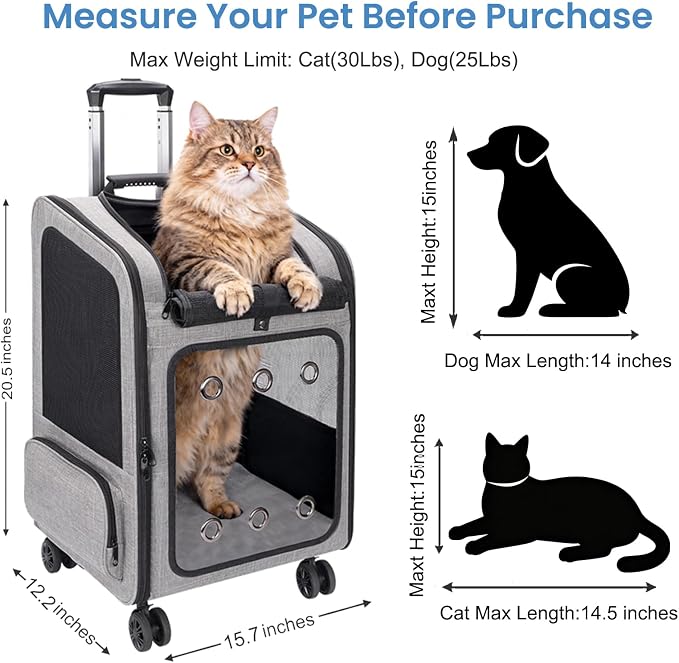 Extra Large Cat Backpack Carrier with Wheels for Cats Under 30 Lbs | Large Space Pet Backpack Carrier for Dogs Puppies Rabbits Other Animals under 25 Lbs, Great for Travel / Hiking / Outdoor Use